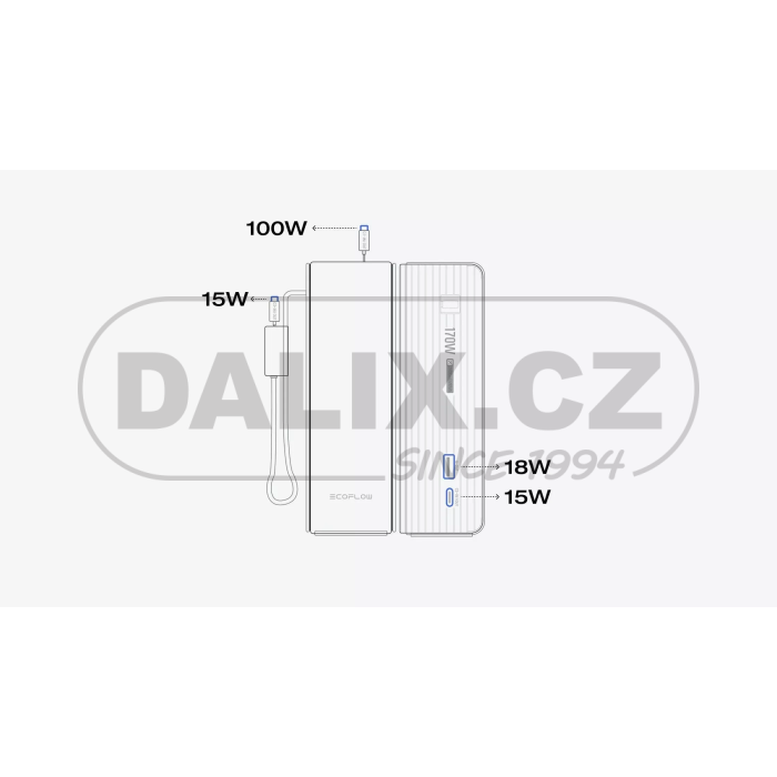 EcoFlow RAPID power banka (25000 mAh, 170 W) 2x100W vestavěný USB-C kabel - stříbrná